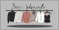 Capsule basic wardrobe for a woman. Minimalism. Fashion. Big cupboard. Wardrobe with a set of clothes on hangers and bags. Isolate